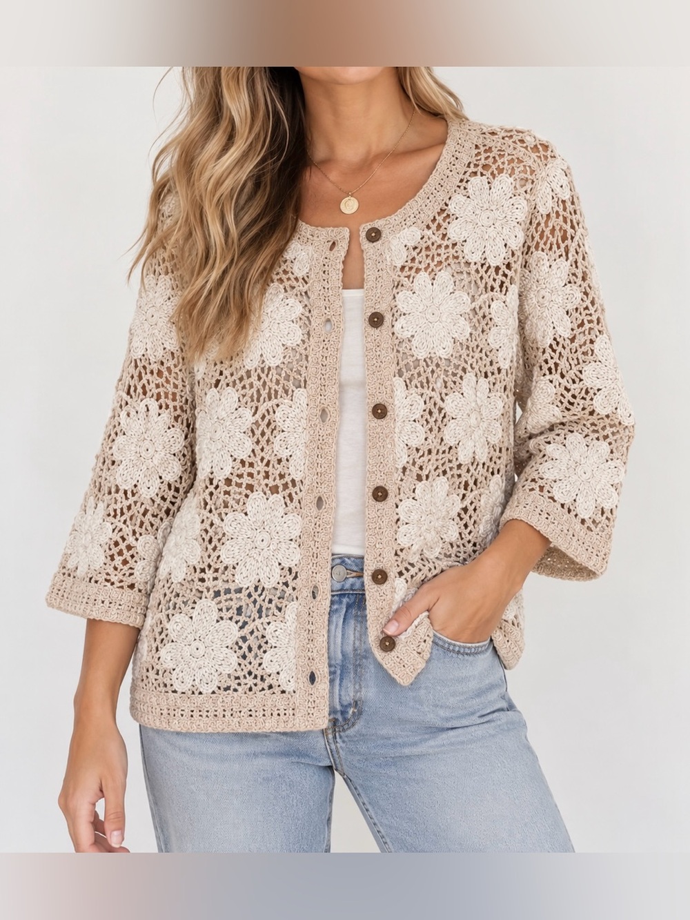 Solitaire Beige and Cream Crochet Floral Cardigan Sweater - Size L